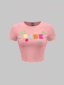 SHEIN MOD 字母與蝴蝶補丁貼短款T恤 - 珊瑚粉 - 查看 1