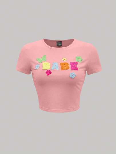 SHEIN MOD 字母與蝴蝶補丁貼短款T恤