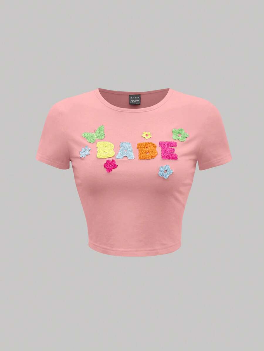 SHEIN MOD 字母與蝴蝶補丁貼短款T恤 - 珊瑚粉 - 查看 1