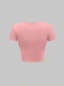 SHEIN MOD 字母與蝴蝶補丁貼短款T恤 - 珊瑚粉 - 查看 2