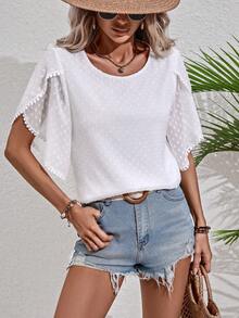 SHEIN LUNE 圓點花瓣袖鏤空蕾絲花邊襯衫 - 白色 - 查看 6