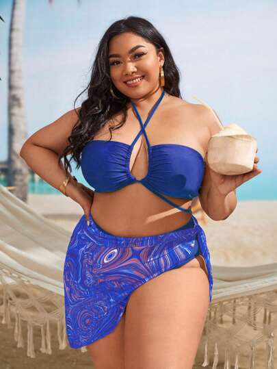 SHEIN Swim Curve 大尺碼圖形印花露背比基尼套裝，附沙灘裙，適用於夏季海灘