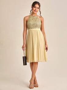 SHEIN Belle 亮片拼接百褶下擺繞頸伴娘連衣裙 - 卡其色 - 查看 5