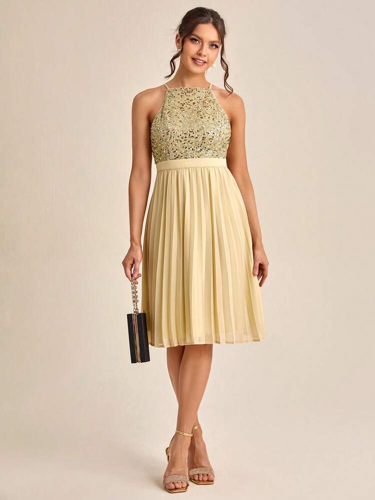 SHEIN Belle 亮片拼接百褶下擺繞頸洋裝 - 卡其色 - 查看 5