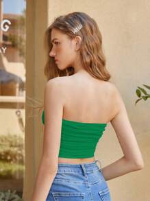 SHEIN MOD 素色褶邊網紗抹胸上衣 - 綠色 - 查看 6