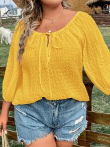 SHEIN LUNE Áo sơ mi Plus Size Thắt nơ trước màu trơn Giải trí - Màu vàng - Xem 1