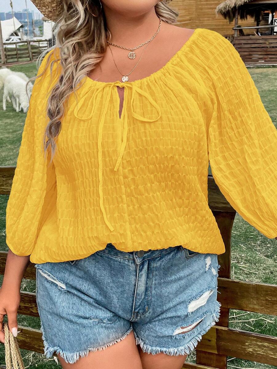 SHEIN LUNE Áo sơ mi Plus Size Thắt nơ trước màu trơn Giải trí - Màu vàng - Xem 1