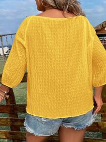 SHEIN LUNE Áo sơ mi Plus Size Thắt nơ trước màu trơn Giải trí - Màu vàng - Xem 2