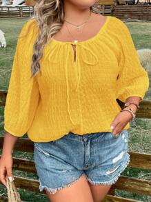 SHEIN LUNE Áo sơ mi Plus Size Thắt nơ trước màu trơn Giải trí - Màu vàng - Xem 3