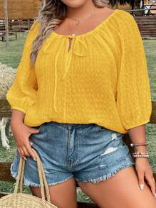 SHEIN LUNE Áo sơ mi Plus Size Thắt nơ trước màu trơn Giải trí - Màu vàng - Xem 5
