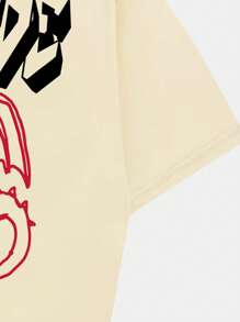 ROMWE MEN Street Life Hombres Camiseta con estampado de letra y dibujos animados - Beis - Ver 3