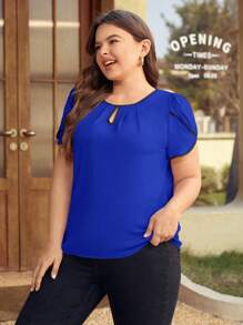 SHEIN Clasi Plus Petal Sleeve Contrast Binding Keyhole Neck Blouse - Blue - View 3