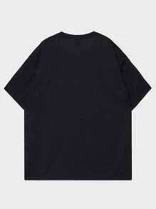 ROMWE MEN 男士標語&恐龍印花落肩T恤 - 黑色 - 查看 2