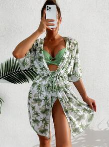 SHEIN Swim Phụ nữ một mảnh Dây kéo xoắn lại - màu xanh lá - Xem 3