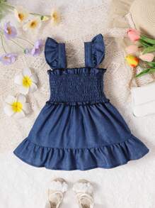 Baby Ruffle Trim Shirred Dress - Navy Blue - View 1