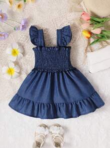Baby Ruffle Trim Shirred Dress - Navy Blue - View 2