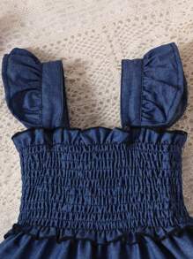 Baby Ruffle Trim Shirred Dress - Navy Blue - View 3