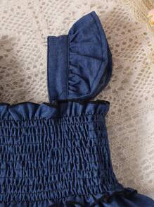 Baby Ruffle Trim Shirred Dress - Navy Blue - View 4