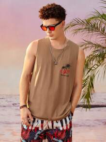 ROMWE MEN Hombres Top tank con estampado tropical - Camel - Ver 1