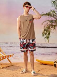 ROMWE MEN Hombres Top tank con estampado tropical - Camel - Ver 4