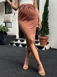 SHEIN Maternity Twist Front Split Thigh Skirt - Rusty Rose - View 1
