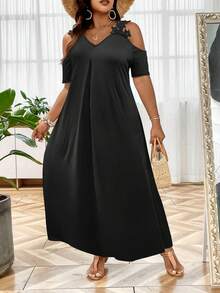 SHEIN Clasi 大碼貼花挖肩連衣裙 - 黑色 - 查看 3