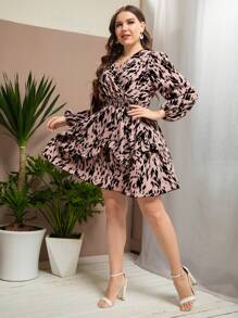 Mulvari 大碼滿版印花燈籠袖荷葉邊連衣裙 - 粉色 - 查看 1