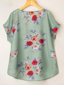 Mulvari Plus Floral Print Batwing Sleeve High Low Hem Blouse - Mint Green - View 2