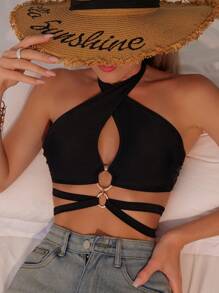 SHEIN Swim Summer Beach Ring Linked Halter Neck Bikini Top - Black - View 4