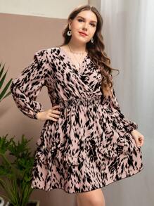 Mulvari 大碼滿版印花燈籠袖荷葉邊連衣裙 - 粉色 - 查看 6