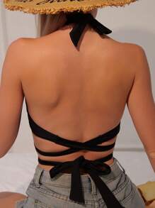 SHEIN Swim Summer Beach Ring Linked Halter Neck Bikini Top - Black - View 2