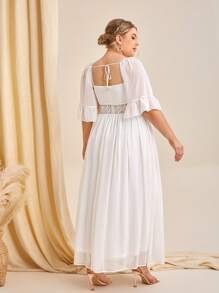 SHEIN Belle Đầm Plus Size Tương phản ren Xù Buộc lại Dây kéo màu trơn Thanh lịch - trắng - Xem 3