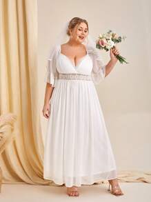 SHEIN Belle Đầm Plus Size Tương phản ren Xù Buộc lại Dây kéo màu trơn Thanh lịch - trắng - Xem 4