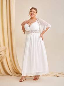 SHEIN Belle Đầm Plus Size Tương phản ren Xù Buộc lại Dây kéo màu trơn Thanh lịch - trắng - Xem 5