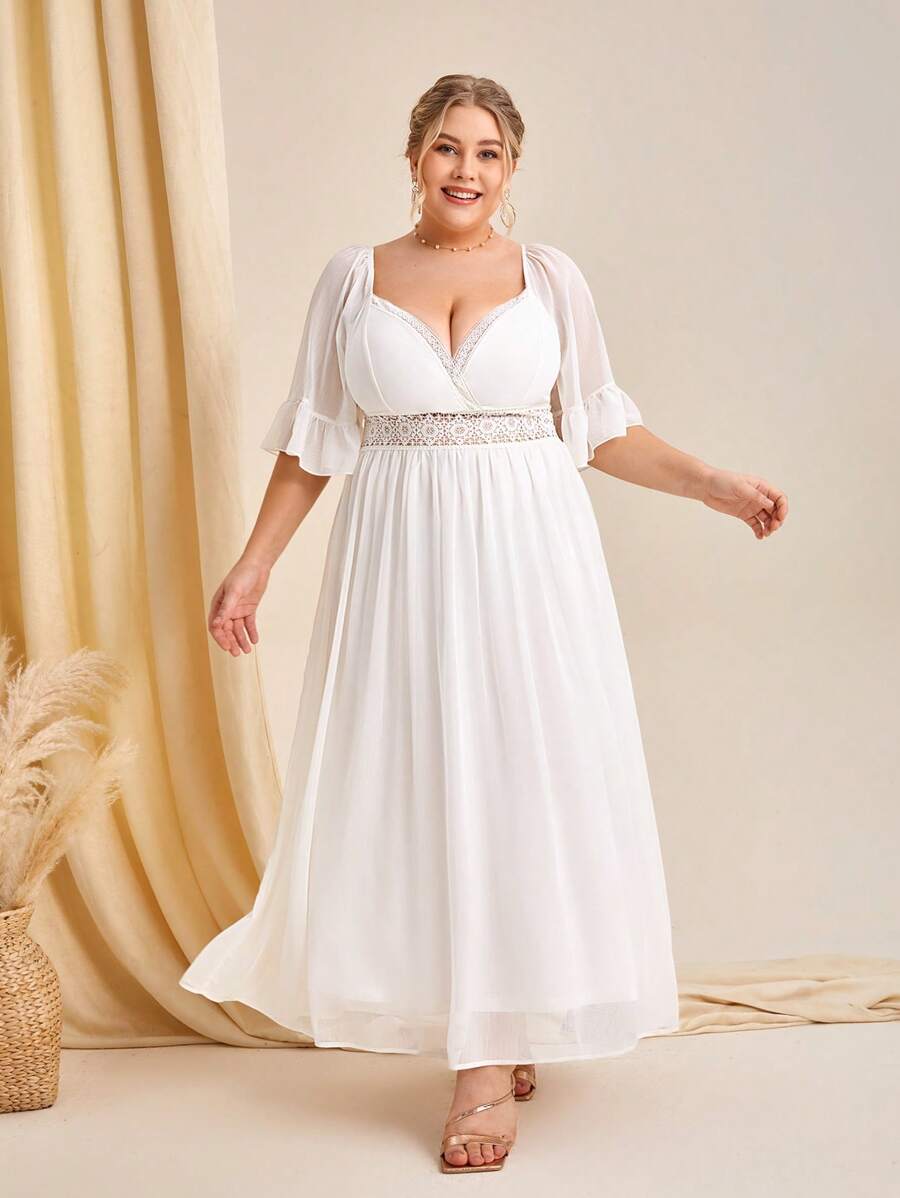 SHEIN Belle Đầm Plus Size Tương phản ren Xù Buộc lại Dây kéo màu trơn Thanh lịch - trắng - Xem 1