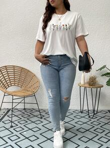 SHEIN Essnce Áo thun Plus size Hoa Giải trí - trắng - Xem 8