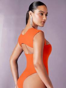 Silquee Solid Sweetheart Neck Bodysuit - Orange - View 4