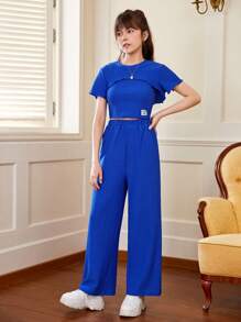 SHEIN Teen Girls Letter Patched Cami Top & Crop Top & Quần - Xanh đậm - Xem 1