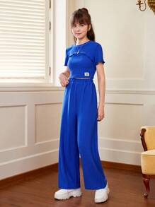 SHEIN Teen Girls Letter Patched Cami Top & Crop Top & Quần - Xanh đậm - Xem 4