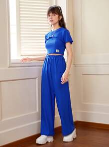 SHEIN Teen Girls Letter Patched Cami Top & Crop Top & Quần - Xanh đậm - Xem 5