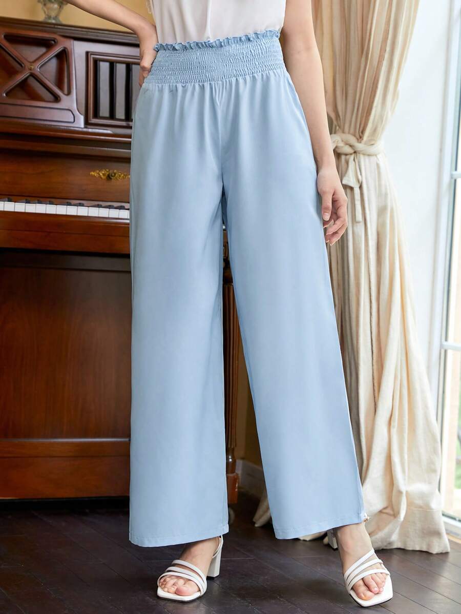 Quần con gái viền lá sen Dải chun Quần paper-bag màu trơn Giải trí - Màu xanh lam - Xem 1
