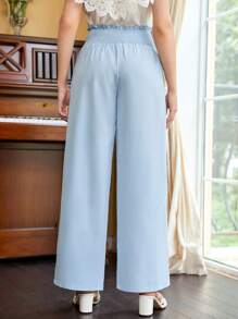Quần con gái viền lá sen Dải chun Quần paper-bag màu trơn Giải trí - Màu xanh lam - Xem 2