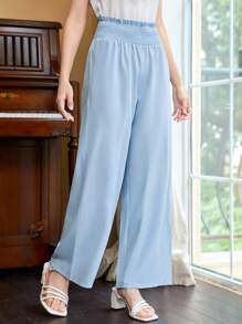 Quần con gái viền lá sen Dải chun Quần paper-bag màu trơn Giải trí - Màu xanh lam - Xem 3