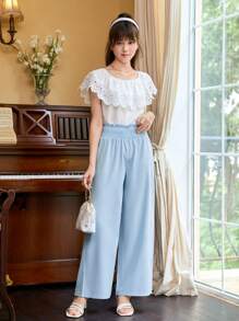 Quần con gái viền lá sen Dải chun Quần paper-bag màu trơn Giải trí - Màu xanh lam - Xem 4