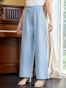Quần con gái viền lá sen Dải chun Quần paper-bag màu trơn Giải trí - Màu xanh lam - Xem 5