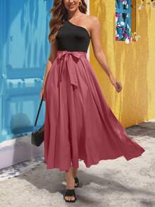 Breezaya Two Tone One Shoulder Belted Dress - Redwood - View 1