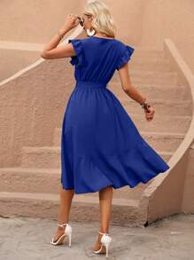 Breezaya 素色荷葉邊圍裹繫腰帶連衣裙 - 寶藍色 - 查看 2