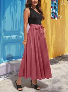 Breezaya Two Tone One Shoulder Belted Dress - Redwood - View 3