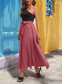 Breezaya Two Tone One Shoulder Belted Dress - Redwood - View 4