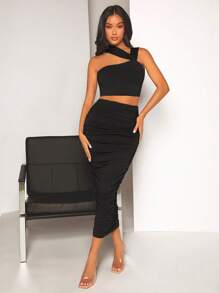 SHEIN BAE Solid Asymmetrical Neck Crop Top & Ruched Pencil Skirt - Black - View 1